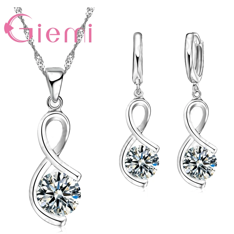 

925 Sterling Silver Elegant Geometric Pattern Line Shape Crystal Necklace Earrings Ceremony Party Jewelry Set CZ Bijoux