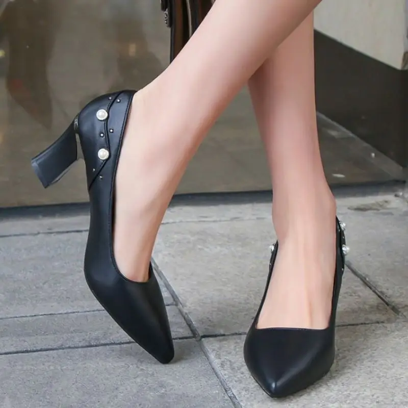 SJJH Для женщин Туфли-лодочки с острый носок не сужающийся к низу каблук Для женщин заклепки комфорт обувь черный формальный рабочая обувь из органической кожи EU35-40 A1407