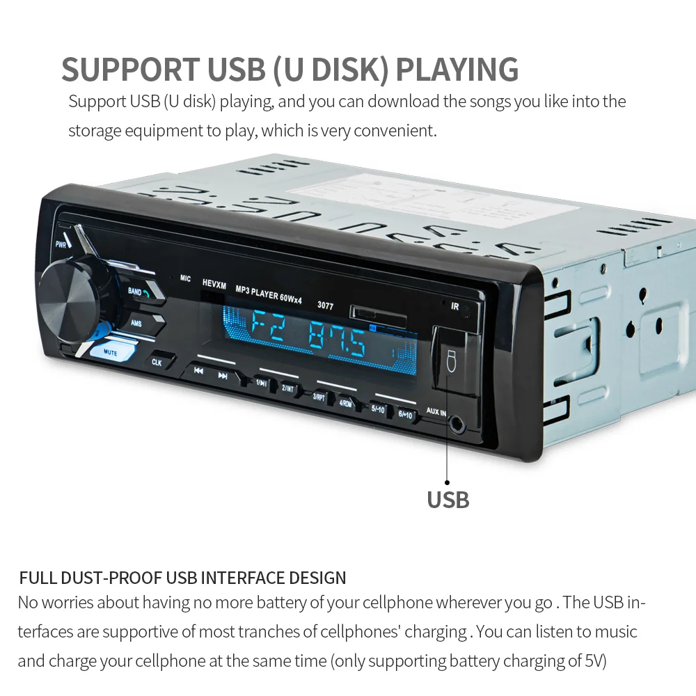 HEVXM 3077 Bluetooth Radio 12V Aux Input Stereo Audio In-dash 1 Din FM USB Remote Control Receiver Car Audio Auto MP3 Player