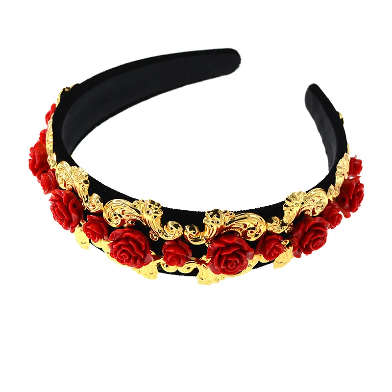 

Red Rose Elastic Hair Bands Flower Girl Gift Gold Metal Headband Vintage Luxury Party Hair Accessories Bride Baroque Hairband