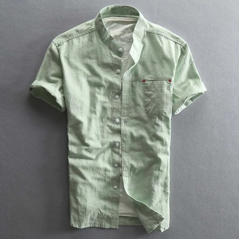 Summer Men s Short Sleeve Stand Collar Casual Linen Shirts Solid Slim