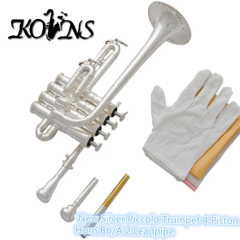 

Professional New Silver Piccolo Trumpet 4 Piston Horn Bb/A 2 Leadpipe Mouthpiece