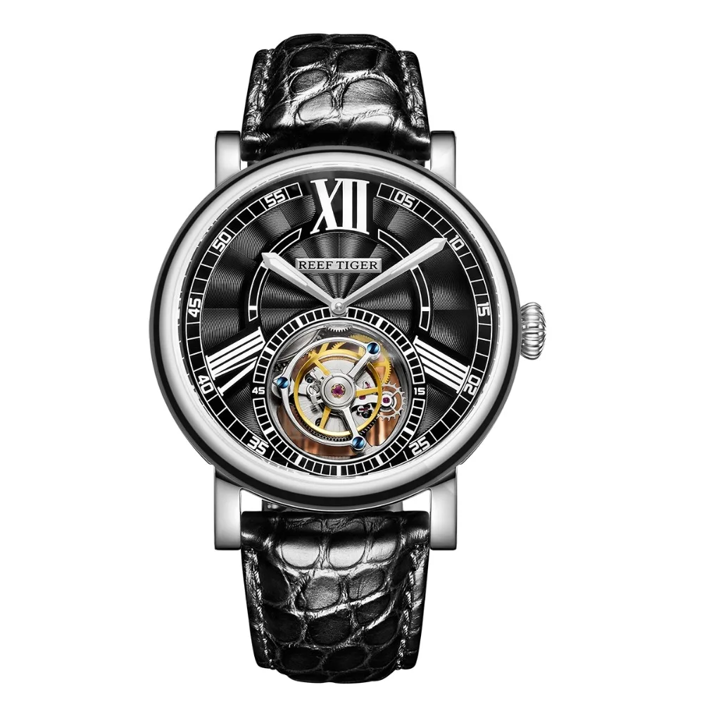 Reef Tiger Classic Serier RGA1999 мужские полые циферблат платье Real Tourbillon автоматические механические наручные часы-серебро