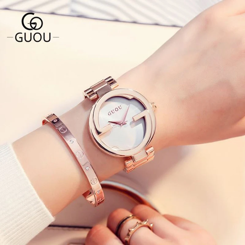 

GUOU Luxury Rose Gold Women's Watches Fashion Stainless Steel Watchband Women Watches Clock saat relogio feminino reloj mujer