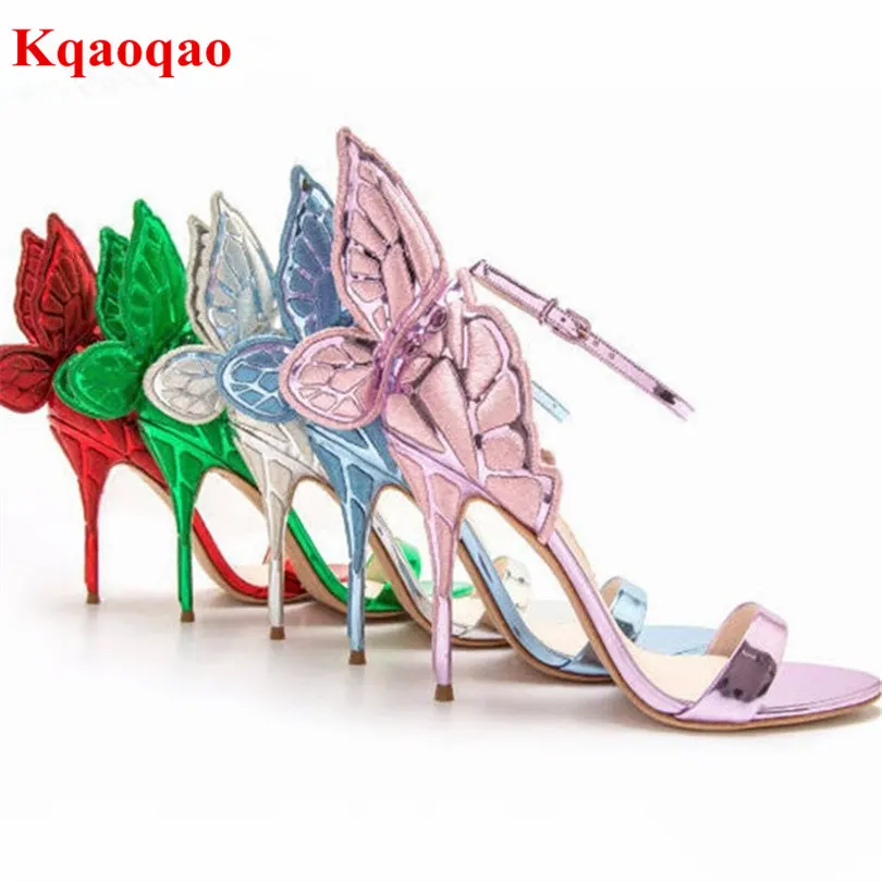 

2018 New Designer Embroidered Metallic Leather Thin High Heels Bling Stiletto Angel Wings Sandals Shoes Women Sandals 6 Colors