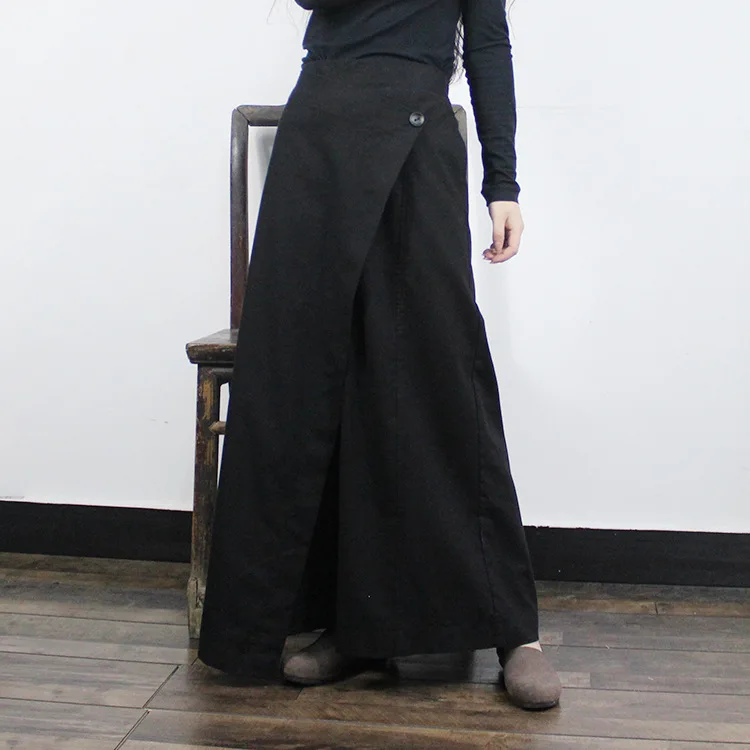 

Fashion One Button Back Elastic Waist Wide Leg Women Cotton Linen Pants, Asymmetric Cut Large Flare Hem Loose Casual Trousers