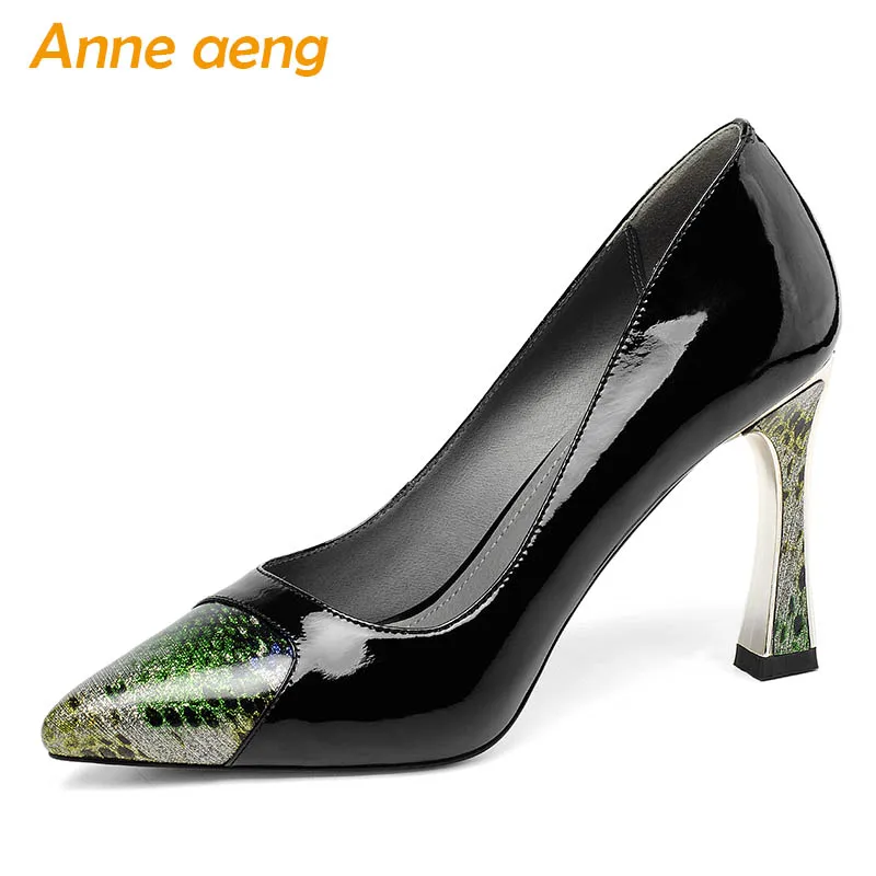 2019 New Genuine Leather Women Pumps High Square Heel Pointed Toe Shallow Fashion Sexy Ladies Women Shoes Black High Heels Pumps