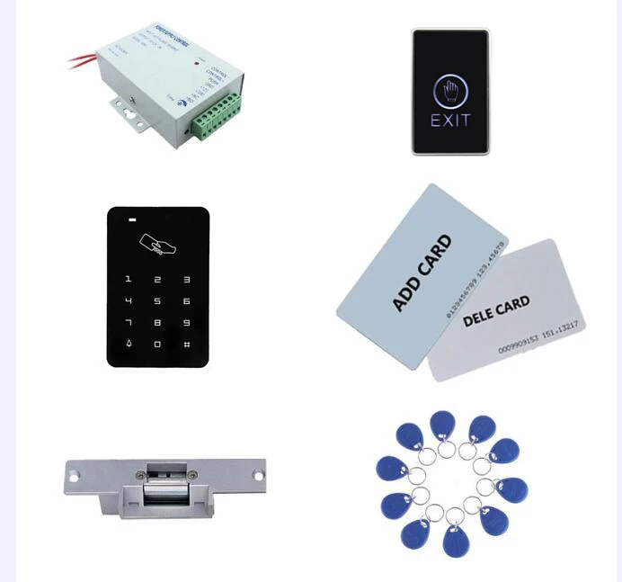 

Access Control Kit,Standalone Access Control+ Power+ Strike Lock +Exit Button+2pcs Manage Card, 10 Keyfob ID Tags,Sn:Set-1