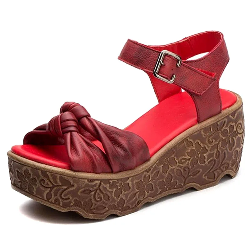 

2018 Summer New Female Sandals Cowhide Thick Bottom Pine Cake Retro Slope With Original Round Head Fish Mouth Leather Shoes