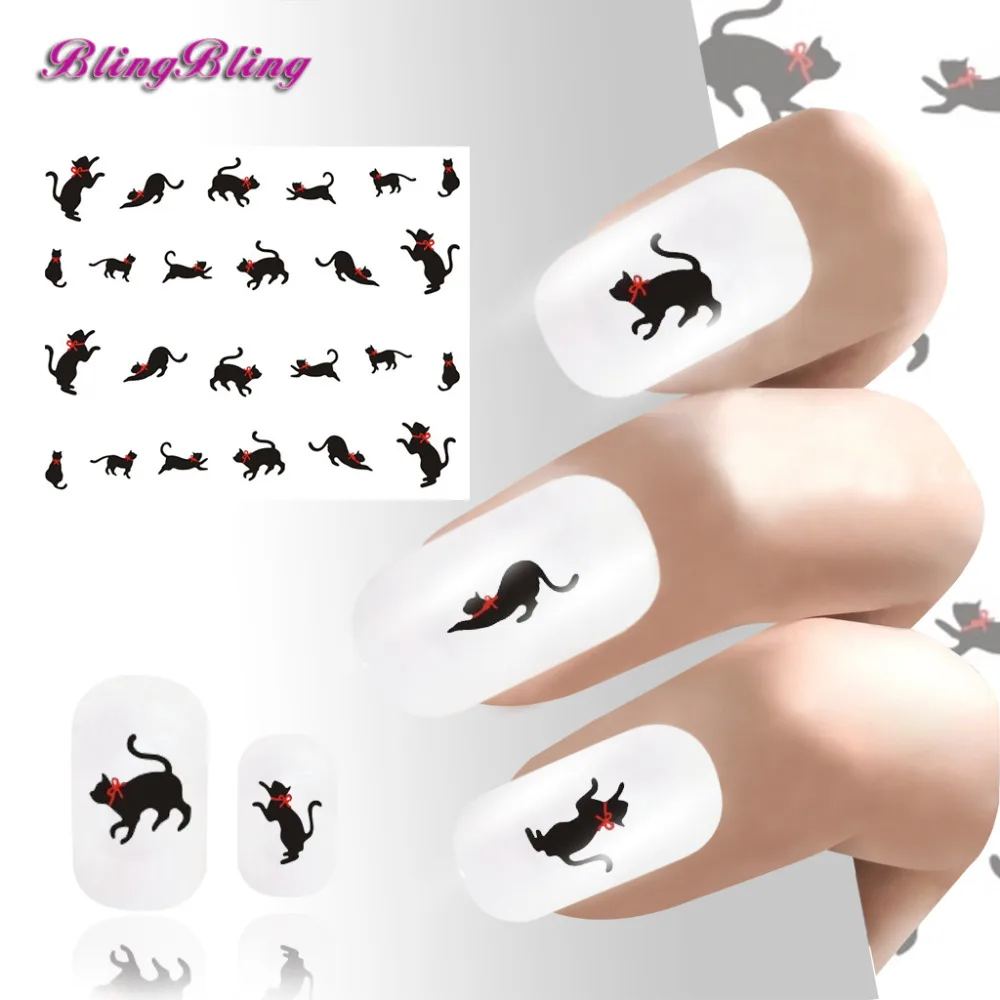 2PCS Black Cat Nail Stickers Water Transfer Nail Art Foil Cute Cats