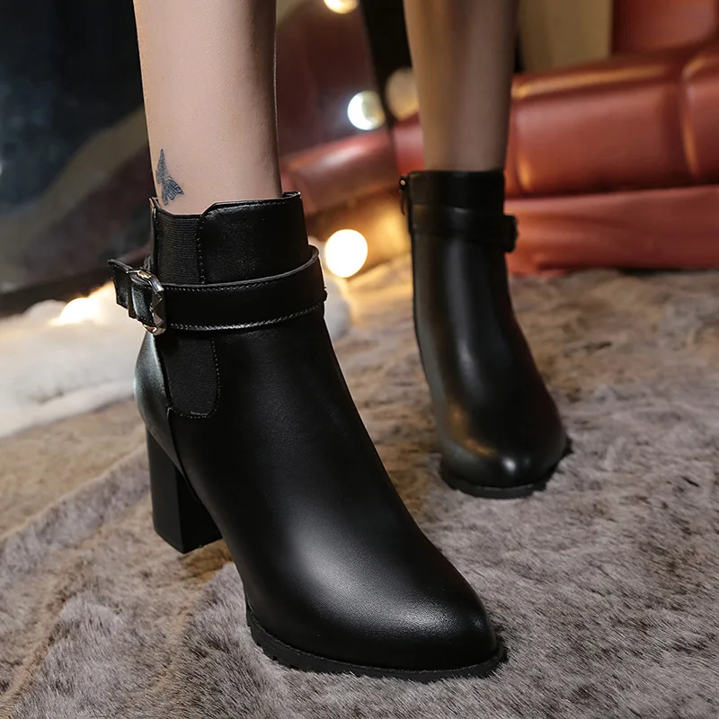 

Women Ankle Boots Winter Suede High Heels Boots Ladies Fashion Pointed toe Gladiator Black Leather Shoes For Woman Plus Size 42