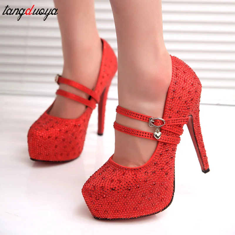2019 High Heels Crystal Ankle Strap Platform High Heels Shoes Woman Pumps Sliver Red Ladies Wedding Shoes Bride Heels Shoes HE52