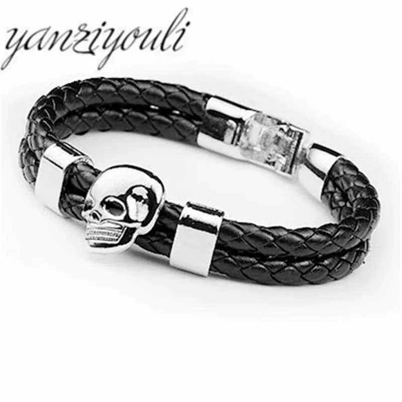 

2019 Multilayer Skull Bracelet Men Casual Fashion Braided Leather Bracelets For Women Wood Bead Bracelet Punk Rock Men Jewelry