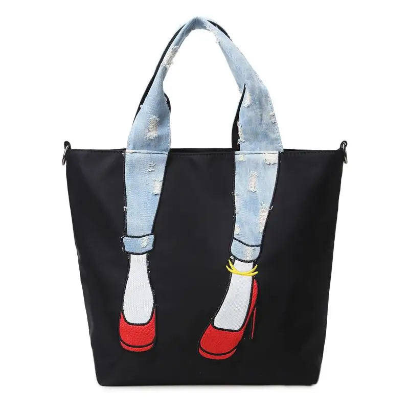 

Korean version of the stylish waterproof Oxford cloth bag Simple contrast color denim beautiful legs tote bag Lady bags