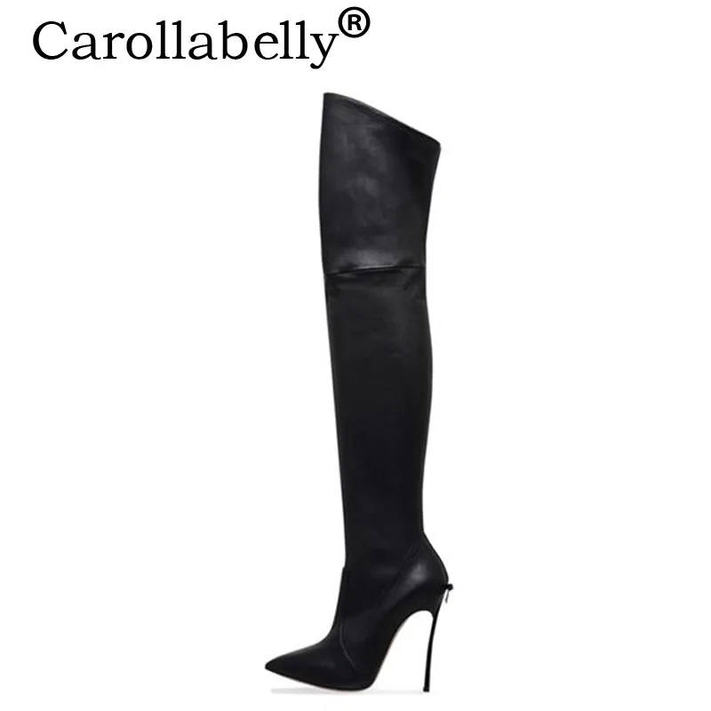 Carollabellyブランド靴女性の冬のブーツセクシーな暖かいハイヒールのブーツ尖ったつま先の結婚式の靴蝶黒10センチ/12センチヒール