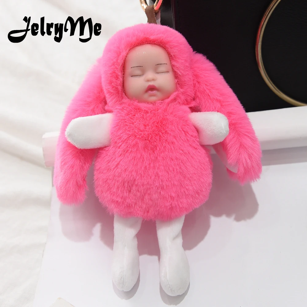 

Big Sleeping Children Keychain Fluffy Rabbit Fur Pompom Key Ring Long Ear Bunny Design Cute Baby Doll Key Chains Women Pendants