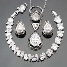 Plata 925 Blanco Circón Gota Mujeres Joyería Nupcial Conjuntos Pulseras/Colgante/Collar/Anillos Aretes Con Piedras Caja de Regalo libre