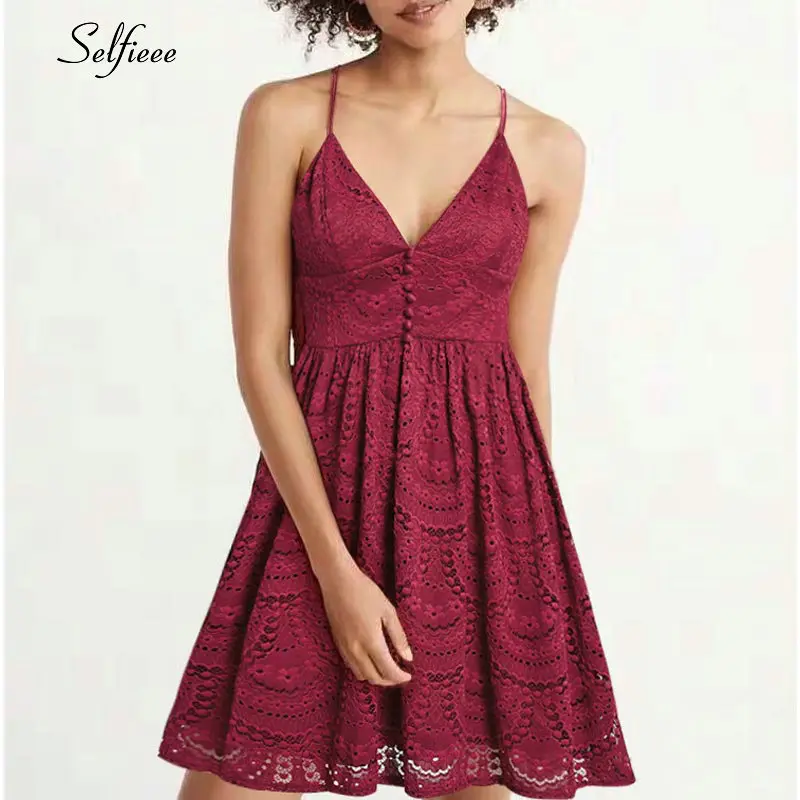 

New Arrival Summer Lace Dress 2019 Elegant A Line V Neck Spaghetti Strap Sexy Dress Party Night Club Dress Above Knee Robe Femme