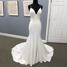 2019 Plain Ivory Mermaid Wedding Dress Spaghetti Straps Wedding Gown Bridal Dress Chapel Train Open Back Bow Knot Bridal Gown bishop sleeve knot back plain bodysuit