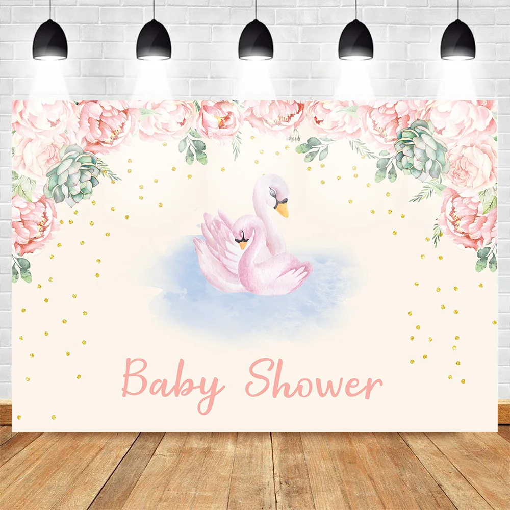 

Mohofoto Baby Shower Backdrop for Photography Pink Flower Photo Background Photophone White Swan Party Gold Sequins Photo Booth