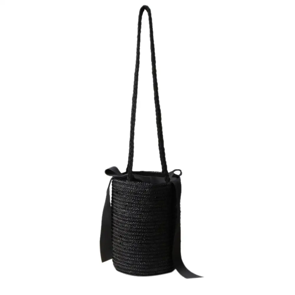 Милая соломенная сумка в форме ведра, Вязаная пляжная сумка для хранения цветов, соломенная сумка-мессенджер, Модные Тканые сумки через плечо - Цвет: Black
