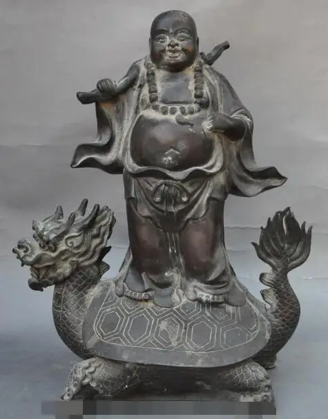 

S02133 15"Chinese Bronze Happy Laugh Maitreya Buddha On longevity Dragon Turtle Statue (B0328)