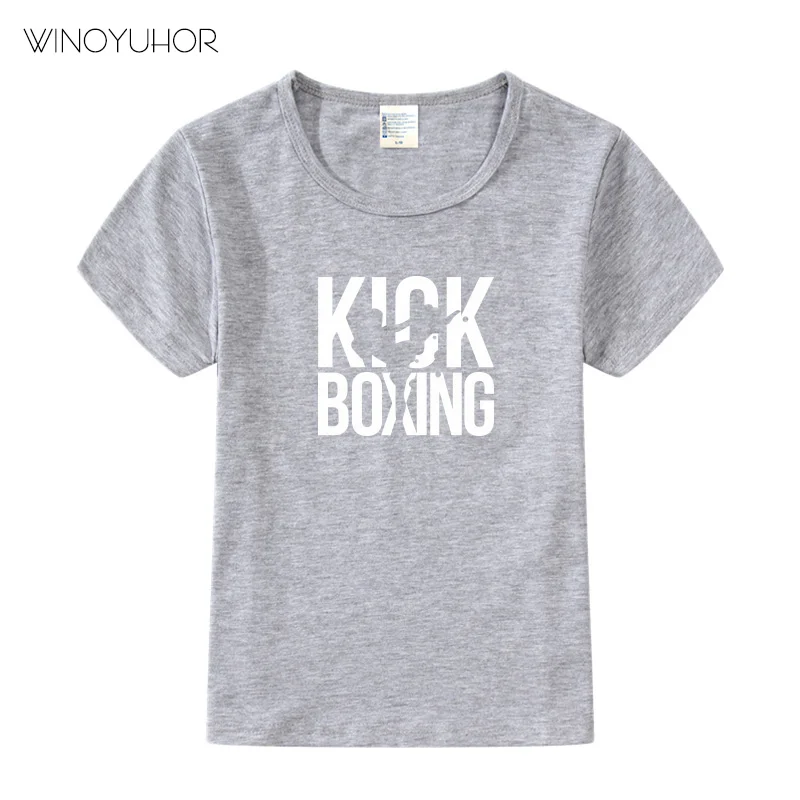 Забавные футболки с принтом «Kick Boxing» детские топы с короткими рукавами для мальчиков и девочек, футболки, крутая повседневная одежда для малышей - Цвет: Grey