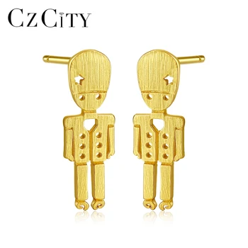 

CZCITY Brand Brushed 925 Sterling Silver Stud Earrings for Women Hollow Vivid Human Design Post Earring Fine Jewelry Gifts 2018
