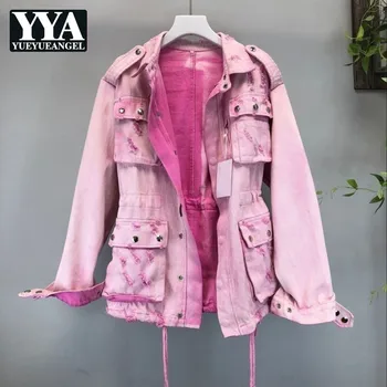 

Pink Lace Up Zippers Denim Jacket Women Frayed Slim Fit Sashes Adjustable Jeans Jacket Lady Harajuku Lapel Single Breasted Coat