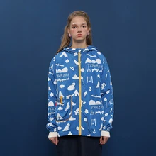 Дизайн, Женская Весенняя Базовая куртка с капюшоном, тонкая синяя с мультяшным принтом, карманами на молнии, новая осенняя Повседневная Верхняя одежда в консервативном стиле