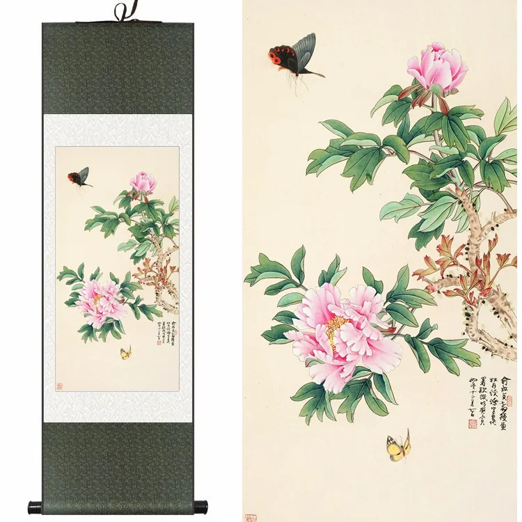 

Chinese Silk ink watercolor flower and bird Peony two butterfly art feng shui canvas wall picture damask framed scroll paintings