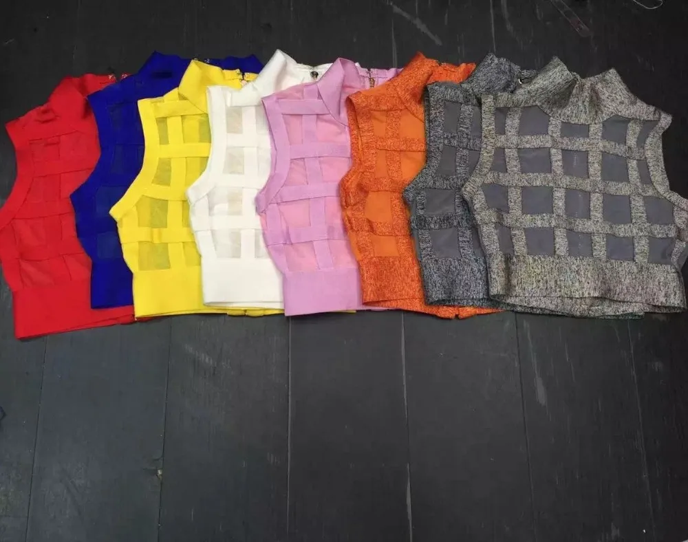 

Hot Style! Wholesale 2016 new multi colors fashion ladies rayon knitted yellow red pink gray sleeveless mesh Bandage Crop Tops