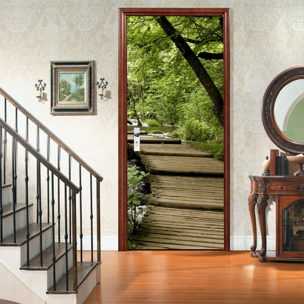 

Creative 3D Wooden Bridge Door Sticker DIY Mural Self adhesive Wallpaper Removable Waterproof Poster Stickers Home Decor Decals