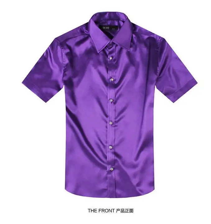 Летний больших размеров Для мужчин бренд с коротким рукавом шелк сплошной цвет Для мужчин рубашка тенденция искусственного шелка