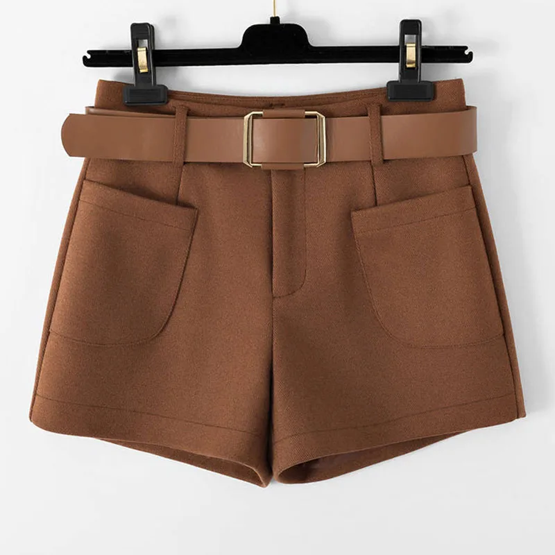 Skup Wełniane szorty damskie 2019 jesienne zimowe szerokie nogawki mini szorty Feminino jesienne szorty z paskiem kieszenie krótkie Feminino F224
