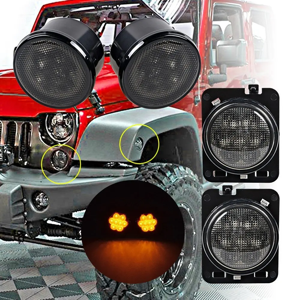 Smoke Front Turn Signal Led Lights for 07 17 Jeep Wrangler JK