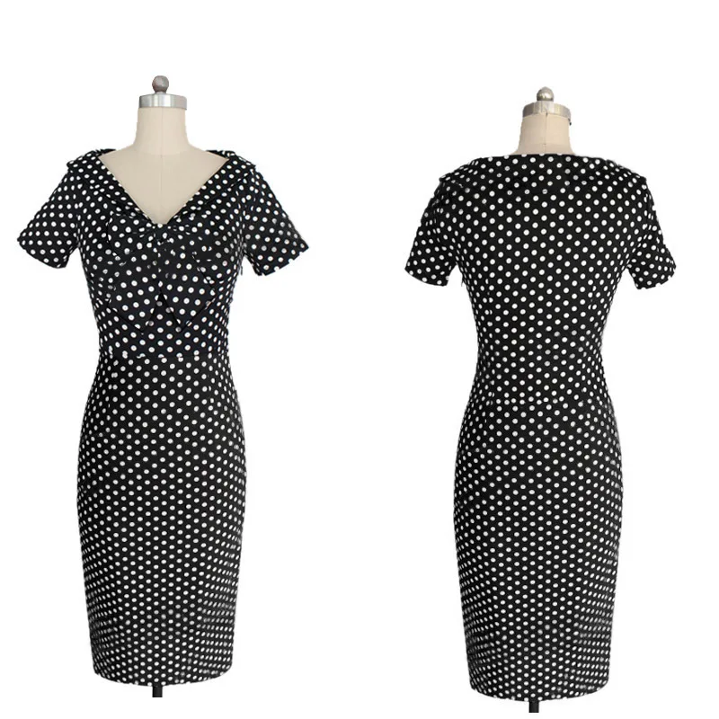 Kostlich V Neck With Bow Knot Dot Pencil Dress Short Sleeves Women Summer Dress Bodycone Party Dresses Casual Sundress  (3)