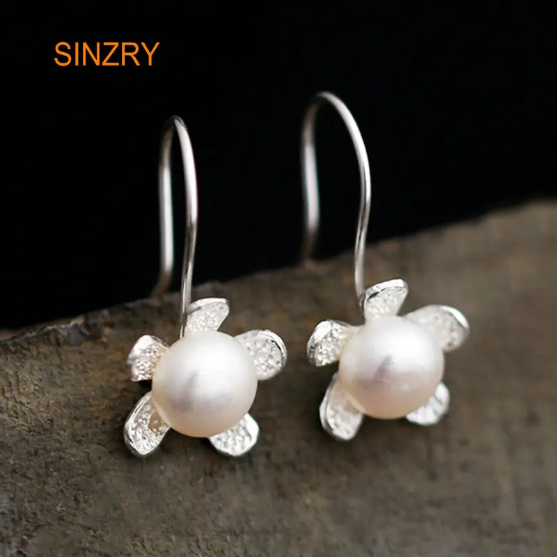 

Sinzry Brand new silver jewelry 100% Sterling Silver flower dropl Earrings Handmade vintage natural pearl earrings for women