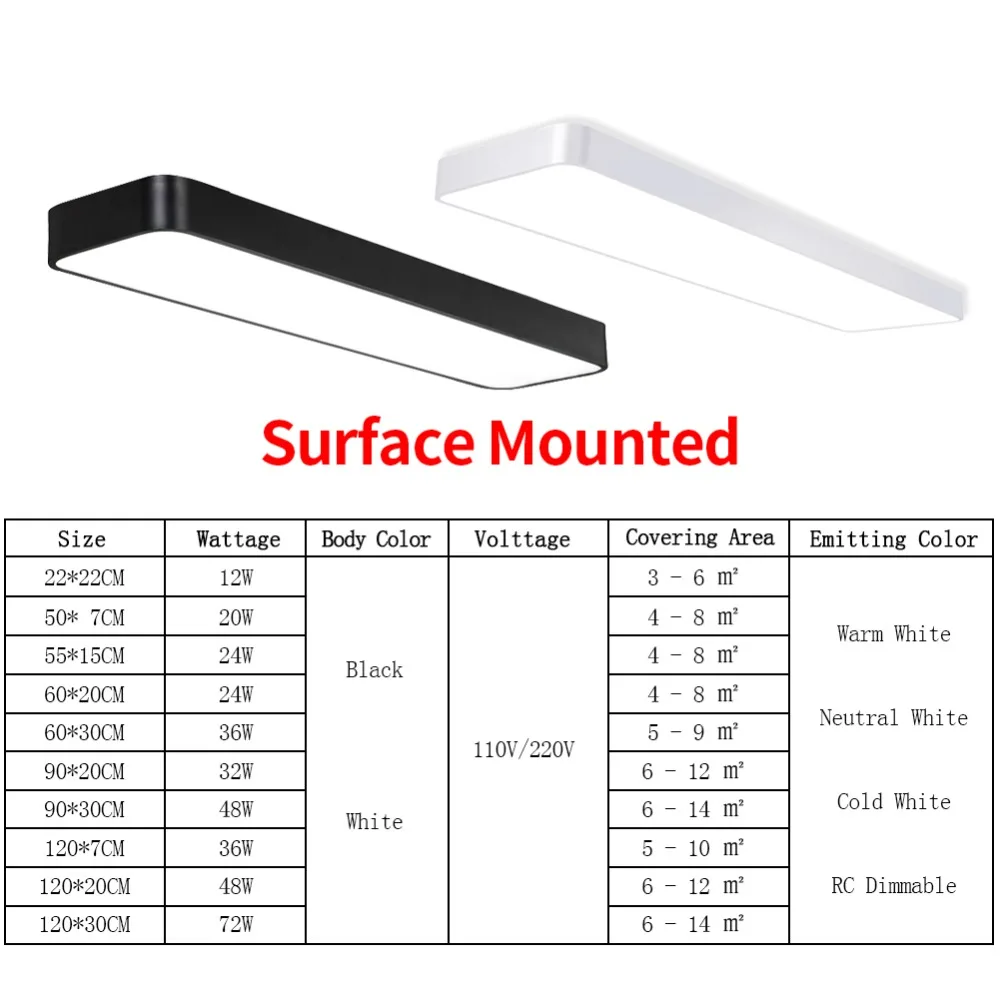 Современный светодиодный потолочный светильник, прямоугольная офисная панель с дистанционным управлением, 110 В, 220 В, поверхностное крепление, панель управления для гостиной