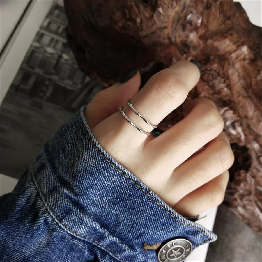 

YIKUF88 925 sterling silver open ring for women personality hipster jewelry double layer ring retro design bamboo wild ring