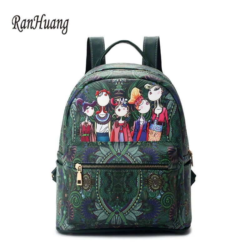 RanHuang Women Fashion Backpack Flower Printing Rucksack New 2017 Women s PU Leather Backpack School Bags