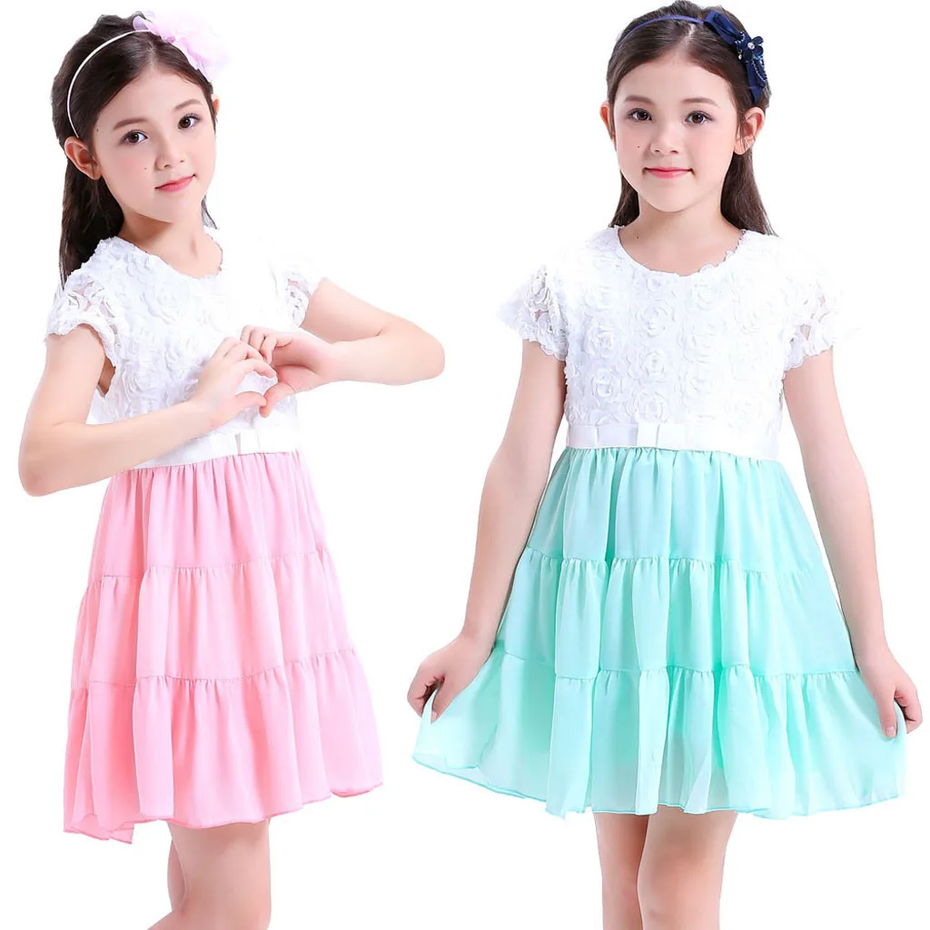 Fashsiualy Children Summer Princess Dresses Clothes For Kid Baby Girls Lace Solid Stitching Short Sleeve A-Line Dress | Детская одежда
