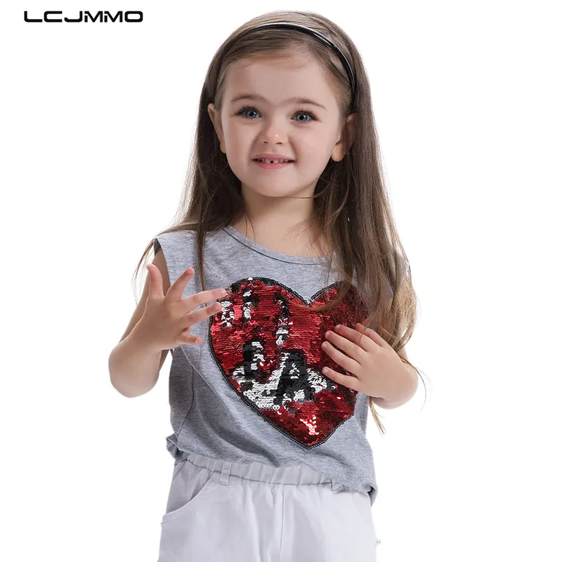 

LCJMMO High Quality New Girls T-Shirt 2017 Summer Childen Cotton Sequins T-shirt For Girl Tops O-neck Kids Clothes For 3-8 Years