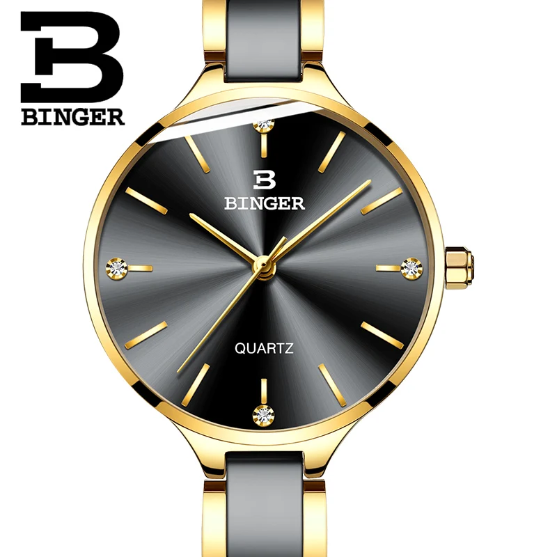 Модные женские часы Топ бренд класса люкс Бингер ультра тонкие кварцевые часы для женщин водонепроницаемый сапфировое зеркало керамический ремешок+ 2 браслета