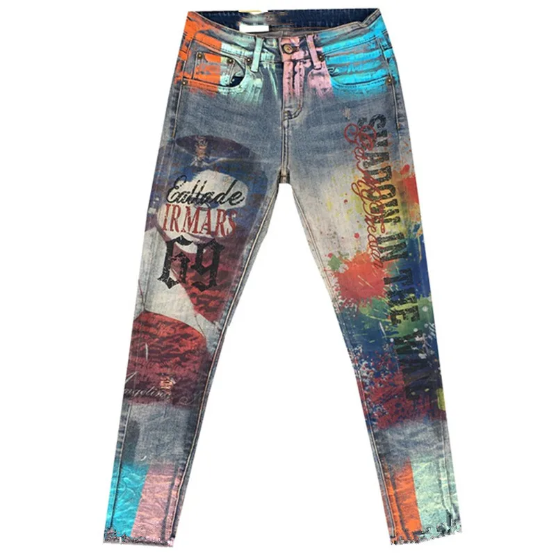 

Casual Denim Skinny Pant Femme Pencil Jeans Trousers Bronzing Painted Pattern Jeans Denim Trousers