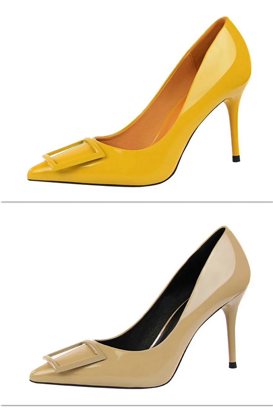 Квадратном каблуке модная обувь с пряжкой офисные туфли OL Для женщин в сдержанном стиле Лакированная кожа Туфли обувь на высоком каблуке женские туфли-лодочки с острым носком