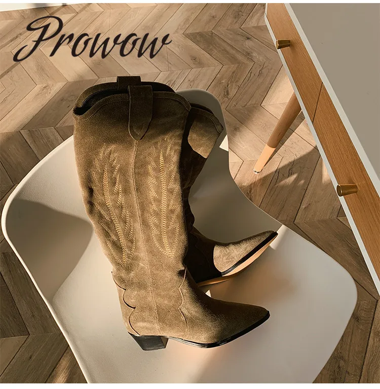 

Prowow New Genuine Leather Sexy Pointed Toe Knee HIgh Boots Slip On Cowboy Low Heel Autumn Winter Boots Shoes Women