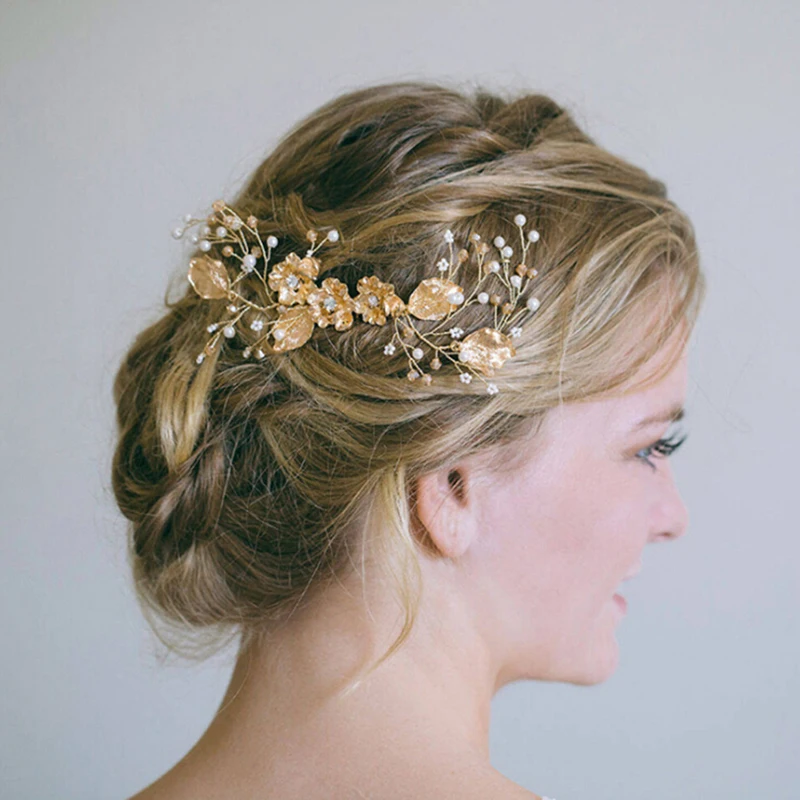 Pearl Gold Flower Hair Comb Clips For Crystal Hairband Wedding Bride Tiaras Crown Headband Jewelry Hair Accessories