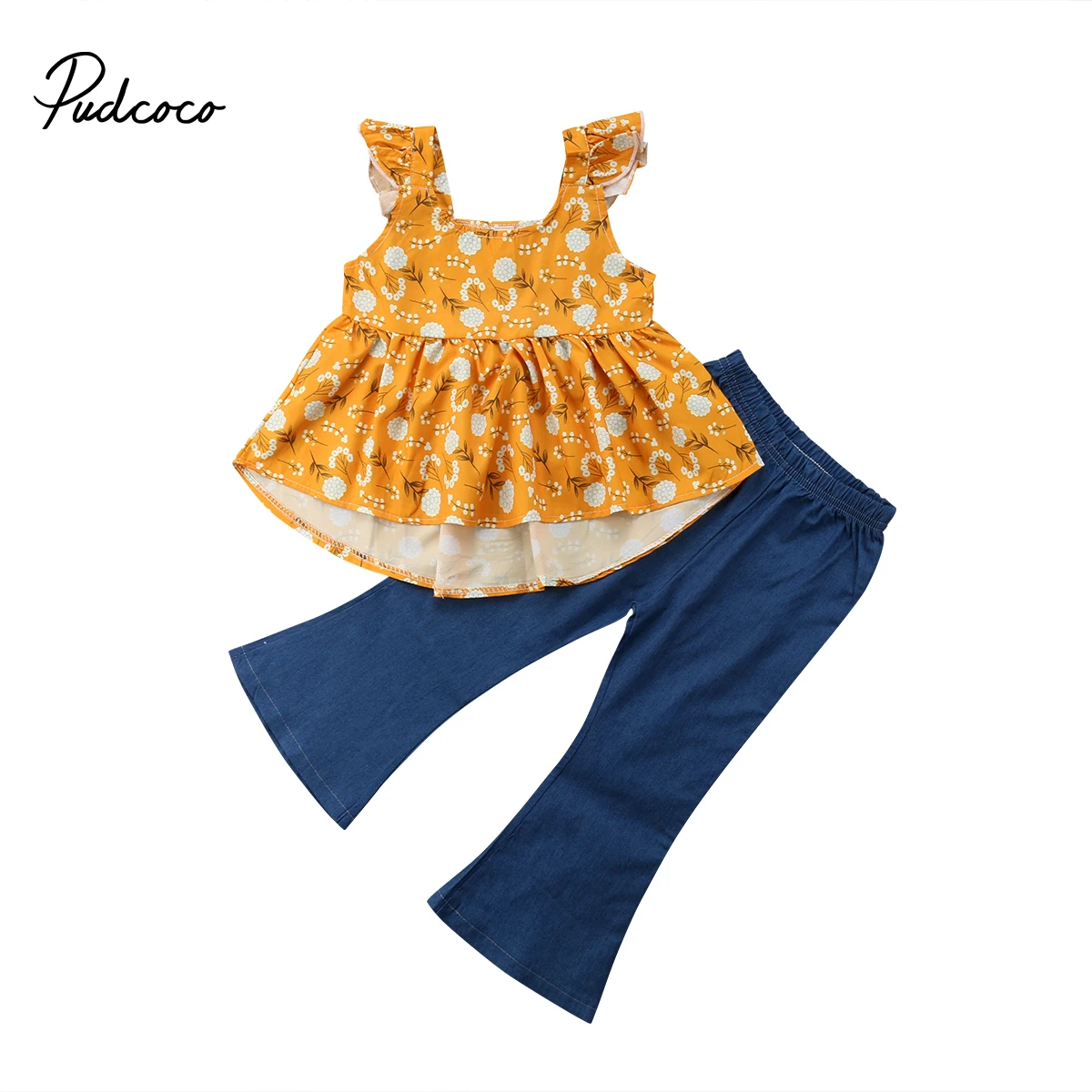 

2PCS Princess Toddler Kids Baby Girl Floral T-shirt Tops+Denim Wide Leg Pant Jeans Outfits Summer Clothes Set