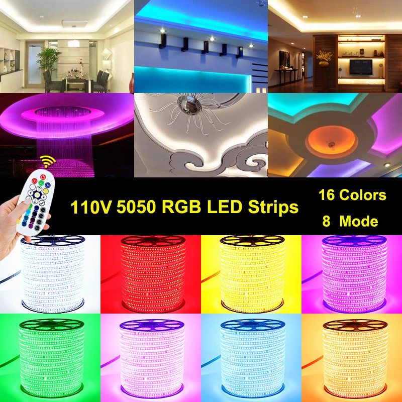 

110V RGB Neon Light Belt SMD5050 60led/m Color Changing Remote Control Type AC110V LED Strip Home Decor Waterproof Lighting Line